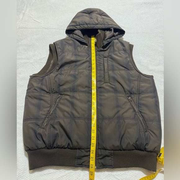 Vintage Structure Men’s Large Brown Nylon Puffer Vest Plaid Hooded Zip Pockets - Picture 8 of 11